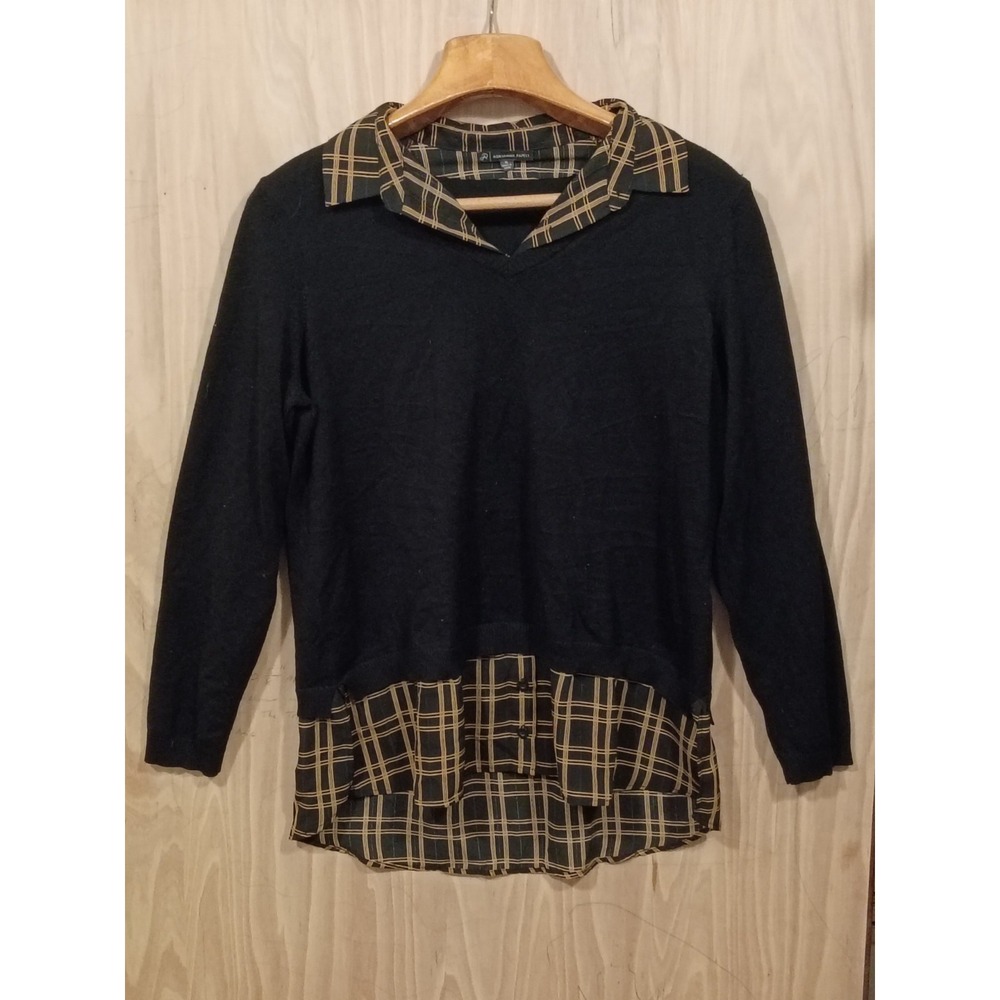 Adrianna Papell Women's Printed V-Neck Twofer Sweater Black And Gold Size XL.